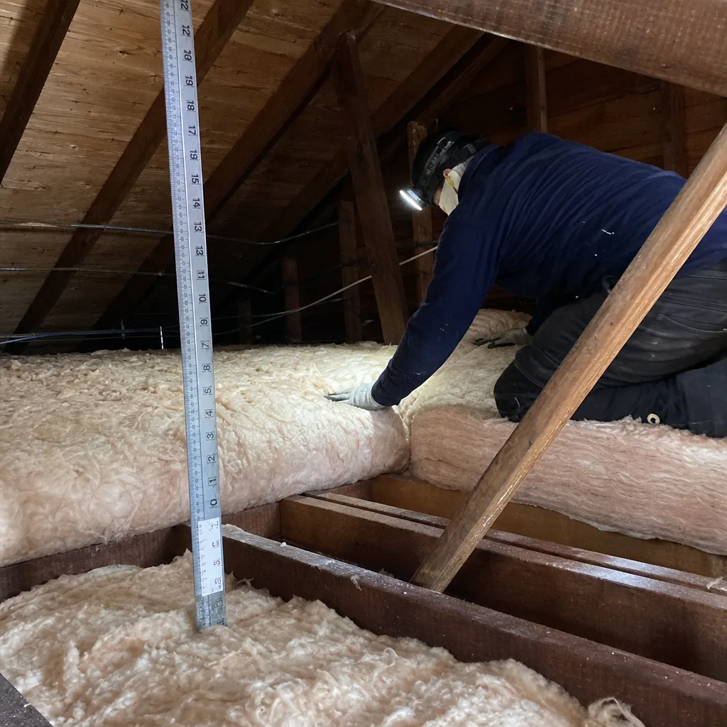Professional contractor installing fiberglass attic insulation for energy efficiency