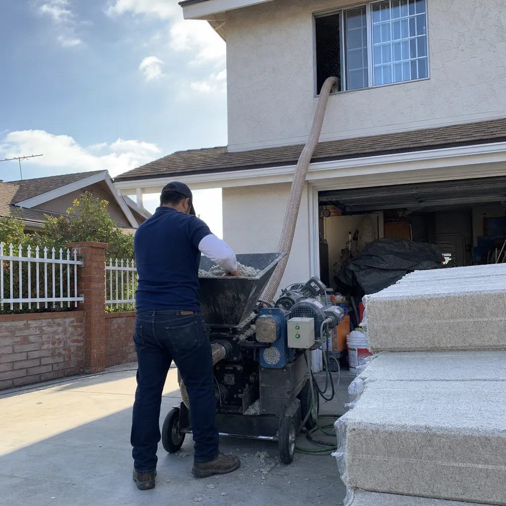 Technician using professional equipment to install blown-in insulation into a home