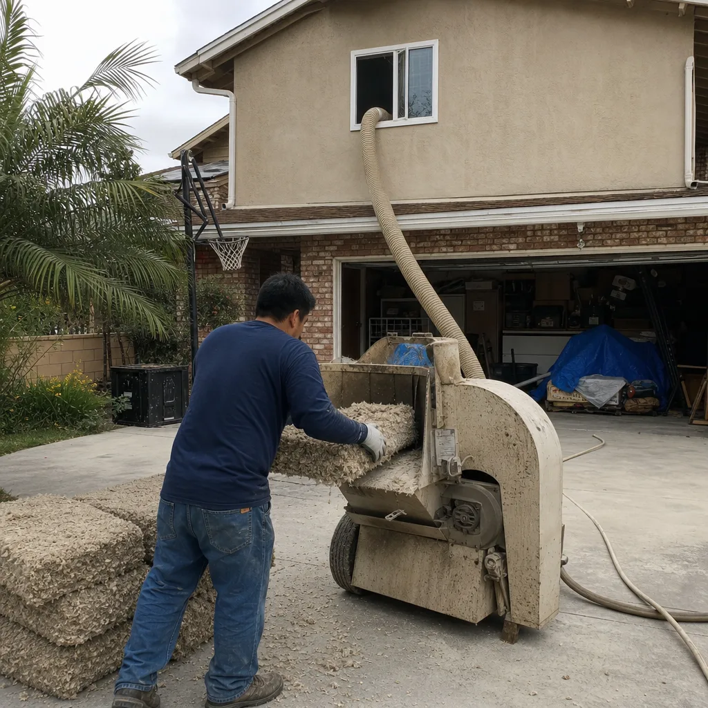 Worker using an industrial machine for professional blown-in insulation installation