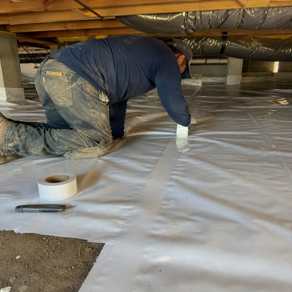 Professional contractor installing vapor barrier in residential crawl space