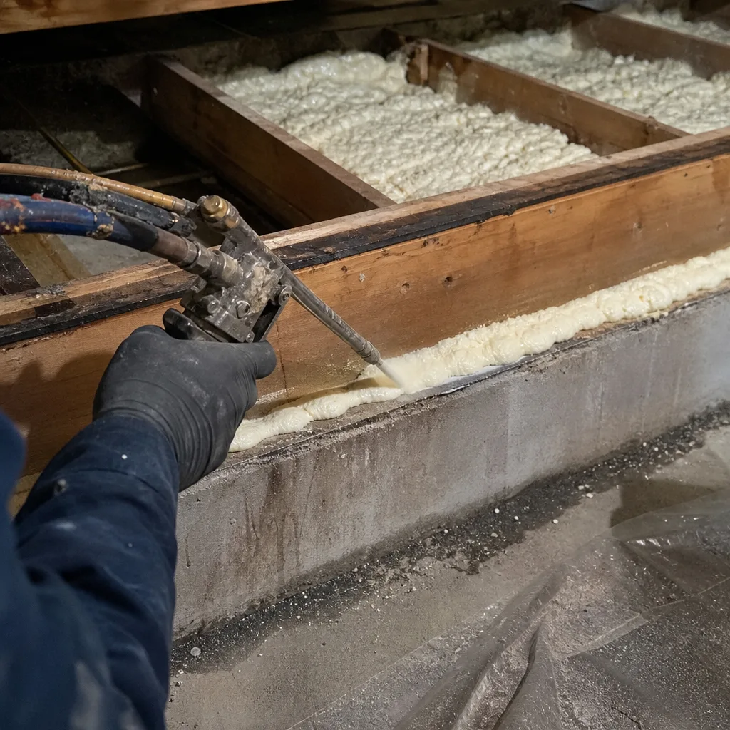 Professional applying spray foam insulation to rim joist in a crawlspace