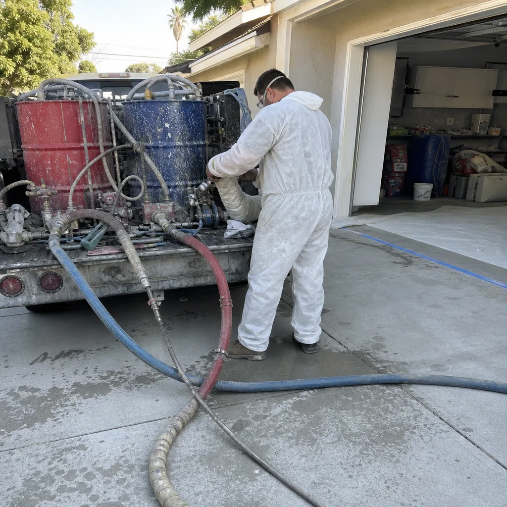 Technician using professional spray foam insulation equipment for building efficiency