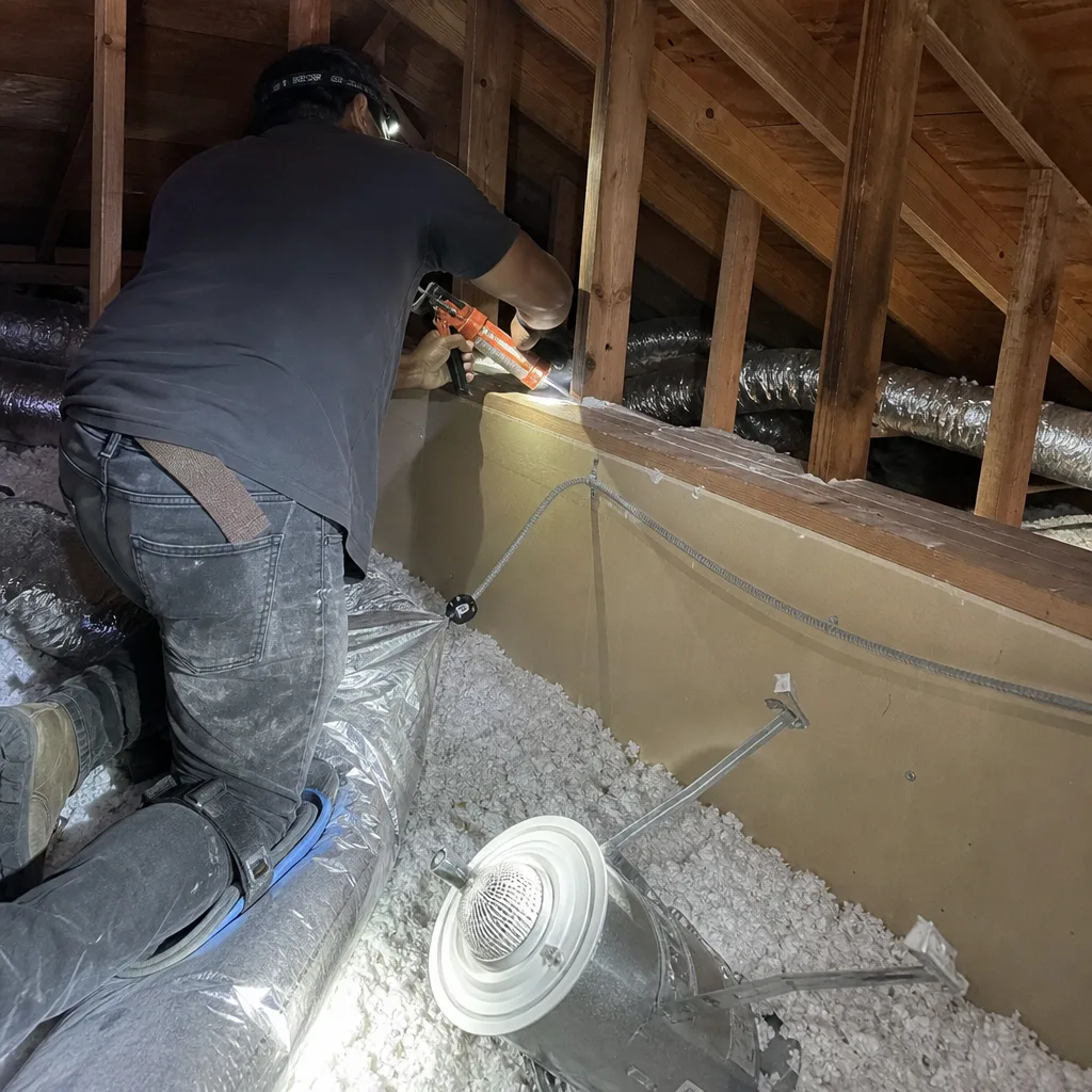 Contractor performing professional attic air sealing to improve home energy efficiency. in Garden Grove, CA