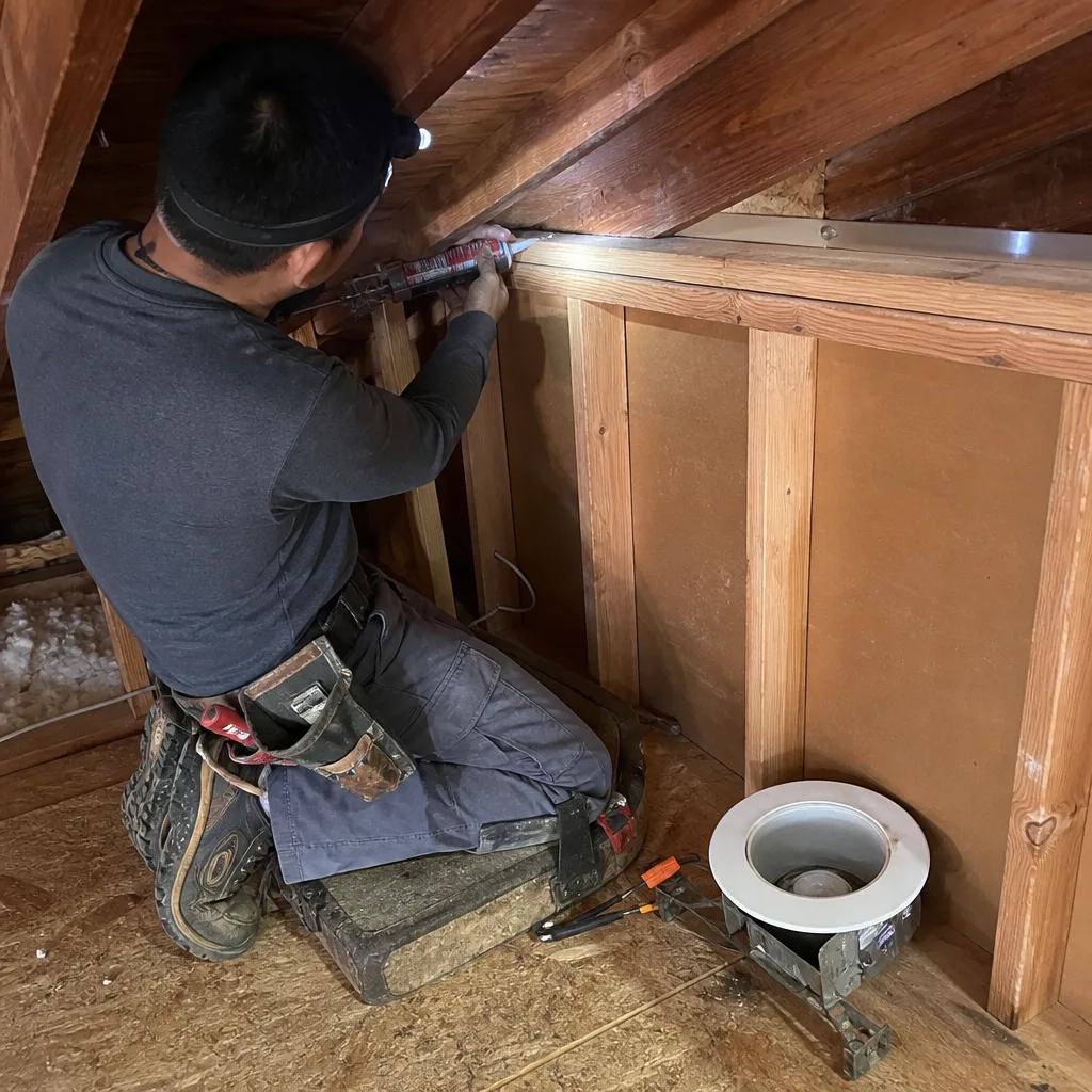Contractor performing attic air sealing to prevent energy loss. in Garden Grove, CA