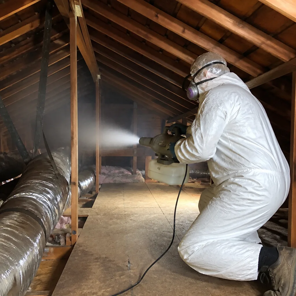 Technician in protective suit using a fogger for attic rodent proofing in Garden Grove, CA