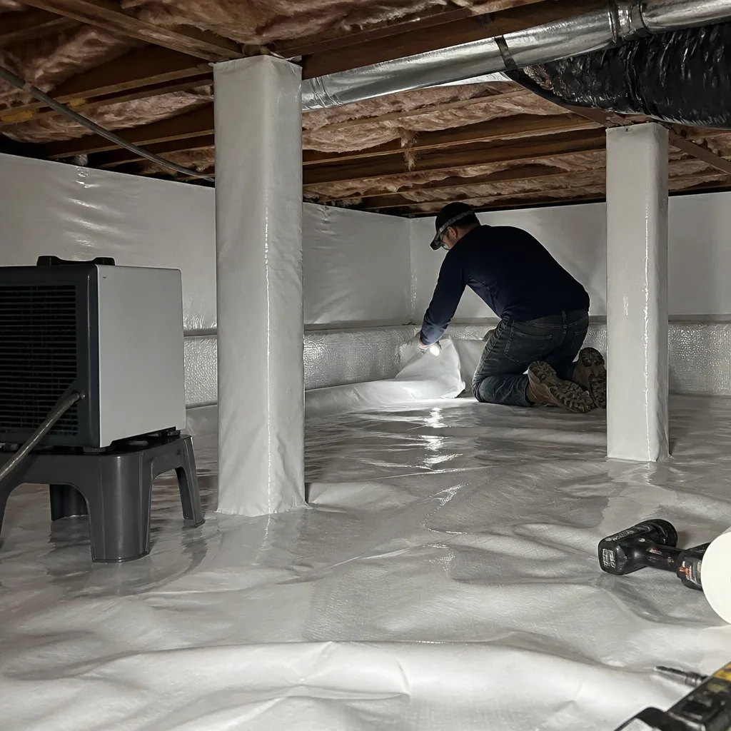 Technician performing crawl space encapsulation and vapor barrier installation in Garden Grove, CA