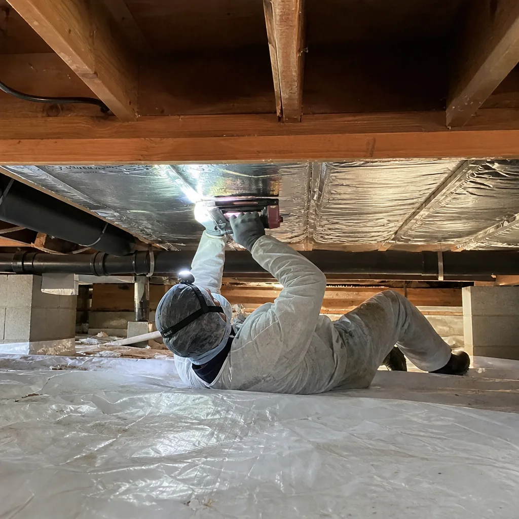 Technician installing vapor barrier insulation in a crawl space in Garden Grove, CA