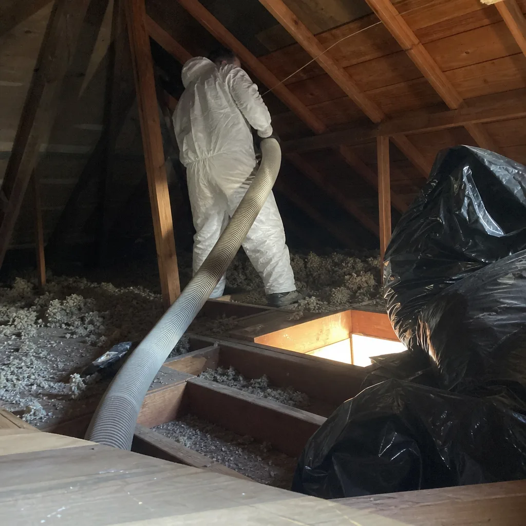 Technician in protective suit using vacuum hose for attic insulation removal in Garden Grove, CA