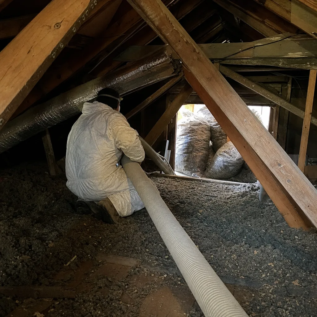 Professional performing attic insulation removal and replacement in a protective suit in Garden Grove, CA