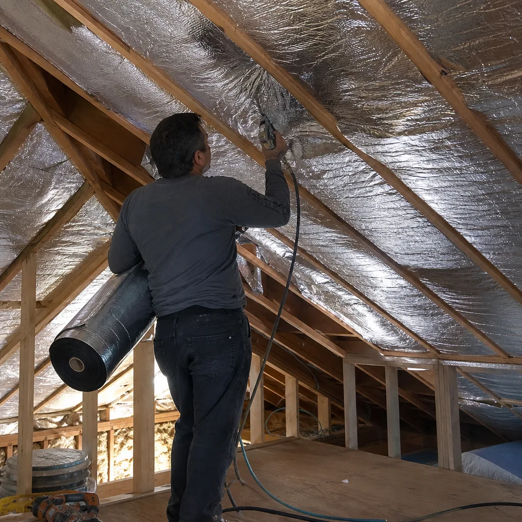 Professional contractor performing professional radiant barrier insulation installation in an attic in Garden Grove, CA