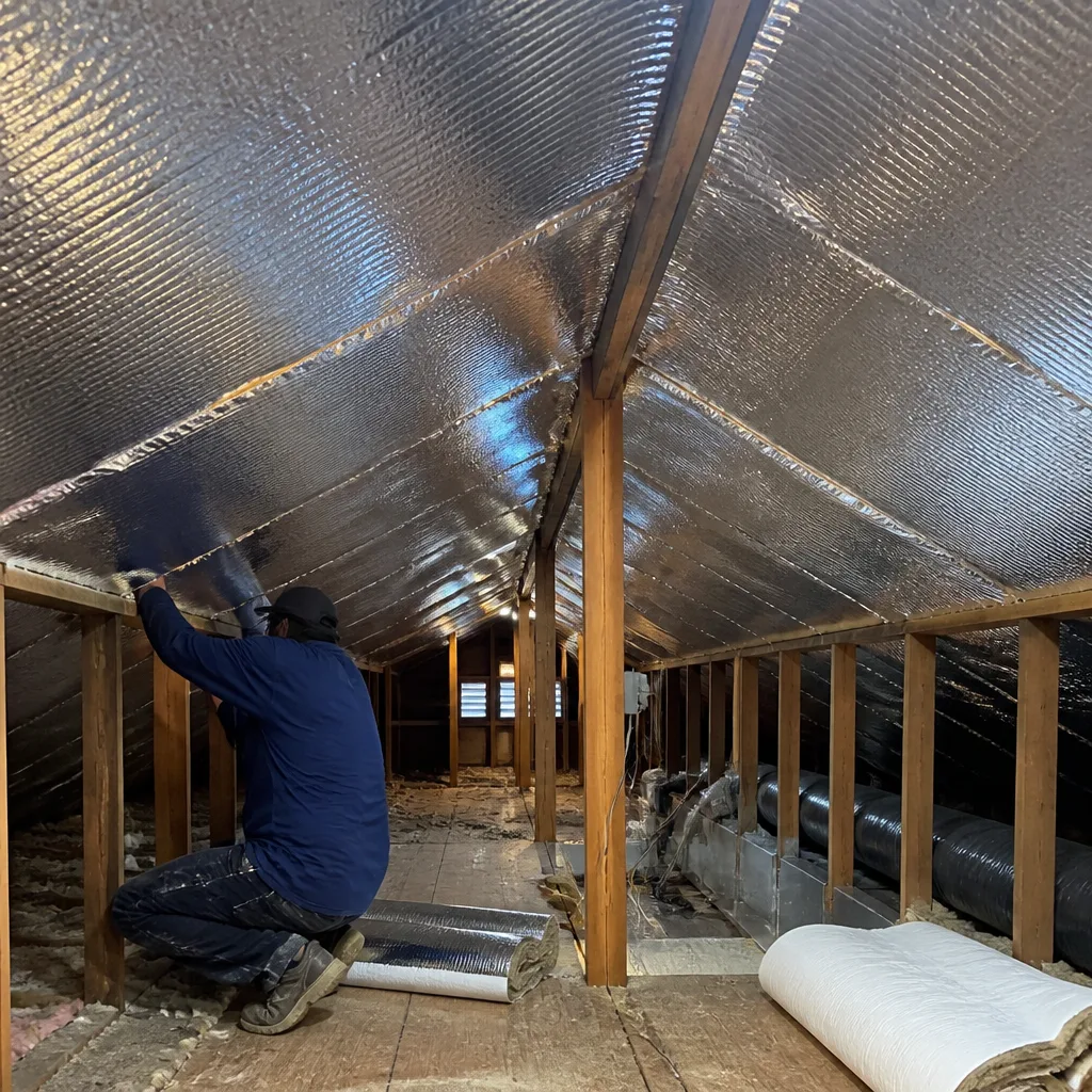 Technician performing professional radiant barrier insulation installation in a residential attic in Garden Grove, CA