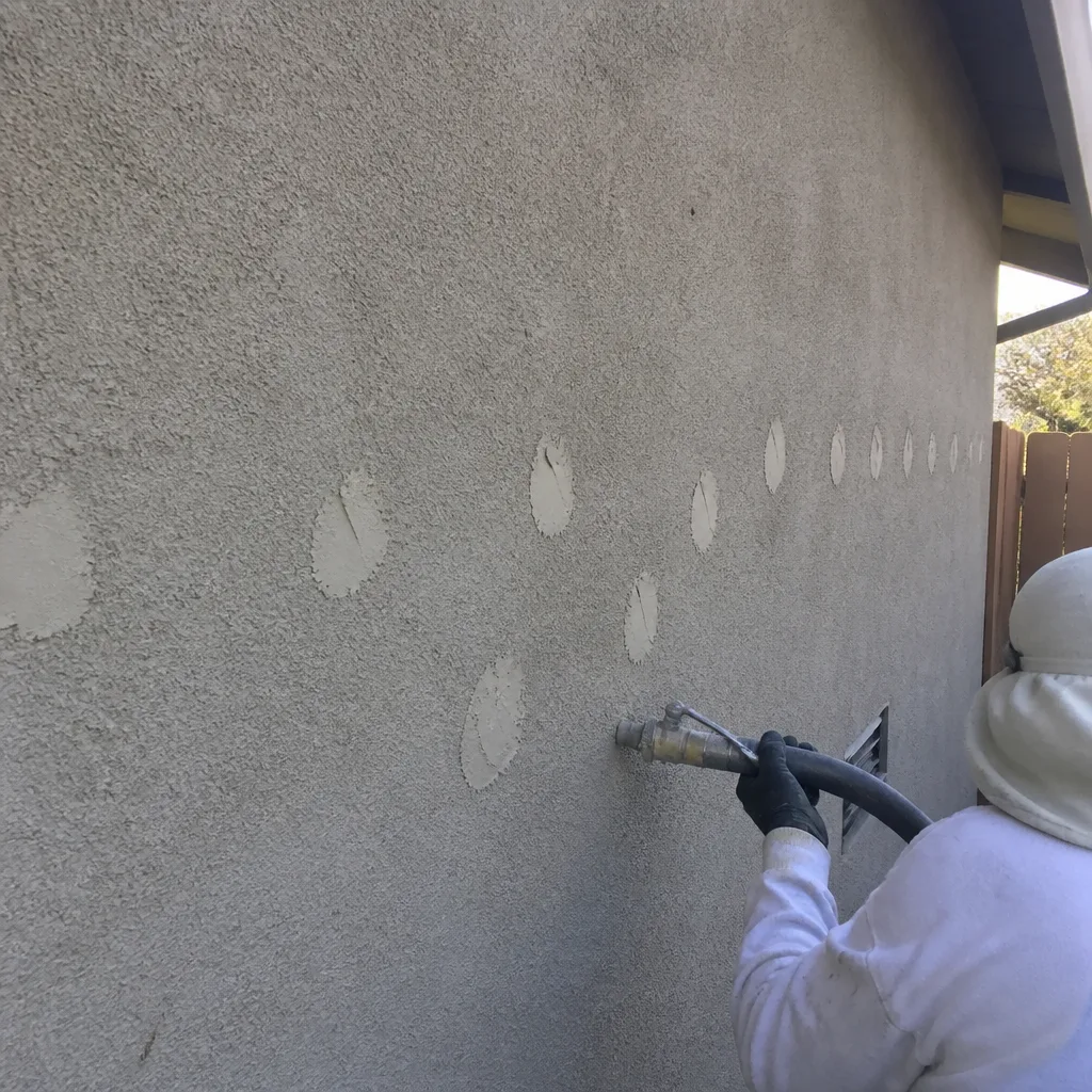 Technician injecting wall insulation into exterior stucco drill holes in Garden Grove, CA