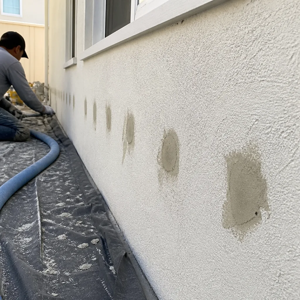 Professional injecting residential wall insulation through holes in exterior stucco in Garden Grove, CA